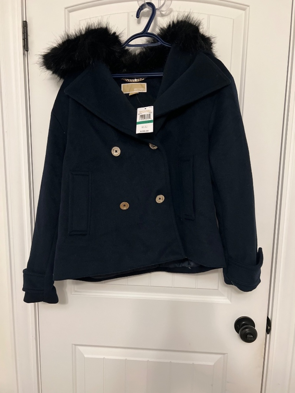 Michael Kors Navy Pea Coat with Black Fur Trim - Picture 3 of 4